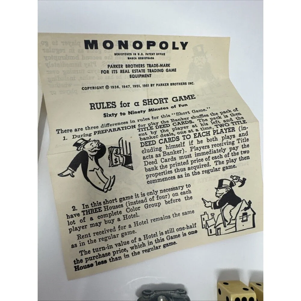 Vintage 1961 Monopoly Board Game Instructions Cream Dice 7 Pewter Game Pieces